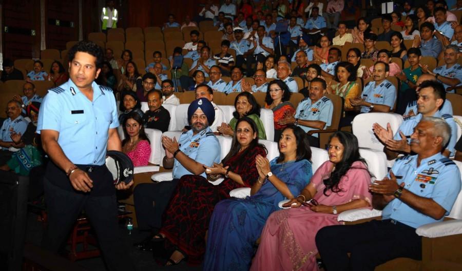Legendary cricketer Sachin Tendulkar during a special screening of his film 'Sachin: A Billion Dreams' for Air Force at Air Force Auditorium, Subroto Park in New Delhi on May 20, 2017. Also seen Indian Air Force Chief BS Dhanoa. Legendary cricketer Sachin Tendulkar,Sachin Tendulkar,Sachin: A Billion Dreams special screening,Sachin: A Billion Dreams special screening for armed forces,Sachin: A Billion Dreams special screening pics,Sachin: A Billion Dreams special screening images