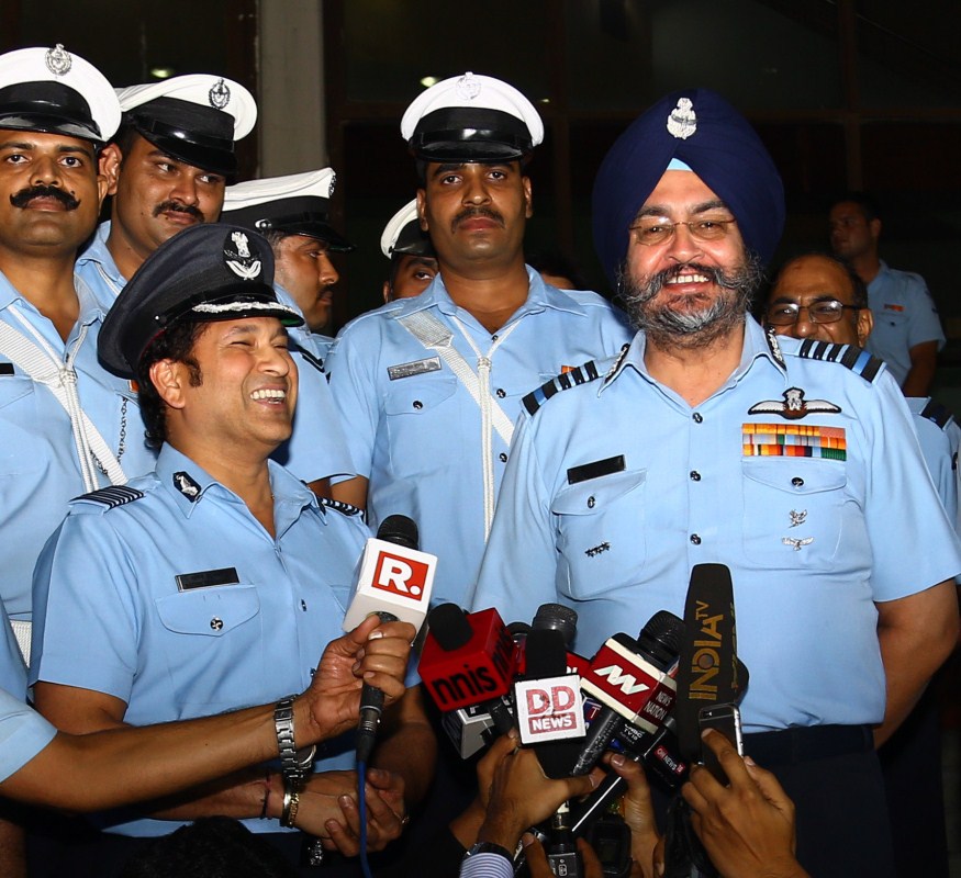 Legendary cricketer Sachin Tendulkar during a special screening of his film 'Sachin: A Billion Dreams' for Air Force at Air Force Auditorium, Subroto Park in New Delhi on May 20, 2017. Also seen Indian Air Force Chief BS Dhanoa. Legendary cricketer Sachin Tendulkar,Sachin Tendulkar,Sachin: A Billion Dreams special screening,Sachin: A Billion Dreams special screening for armed forces,Sachin: A Billion Dreams special screening pics,Sachin: A Billion Dreams special screening images