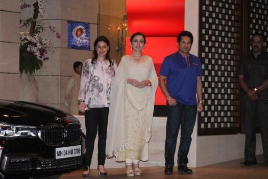 Nita Ambani owner of Mumbai Indians along with former Indian cricket player and Mumbai Indians icon player Sachin Tendulkar with his wife Anjali Tendulkar during the party organised to celebrates Mumbai Indians victory in the Indian Premier League (IPL) 2017 in Mumbai on May 22, 2017. Mumbai Indians won the IPL title against Rising Pune Supergiant.