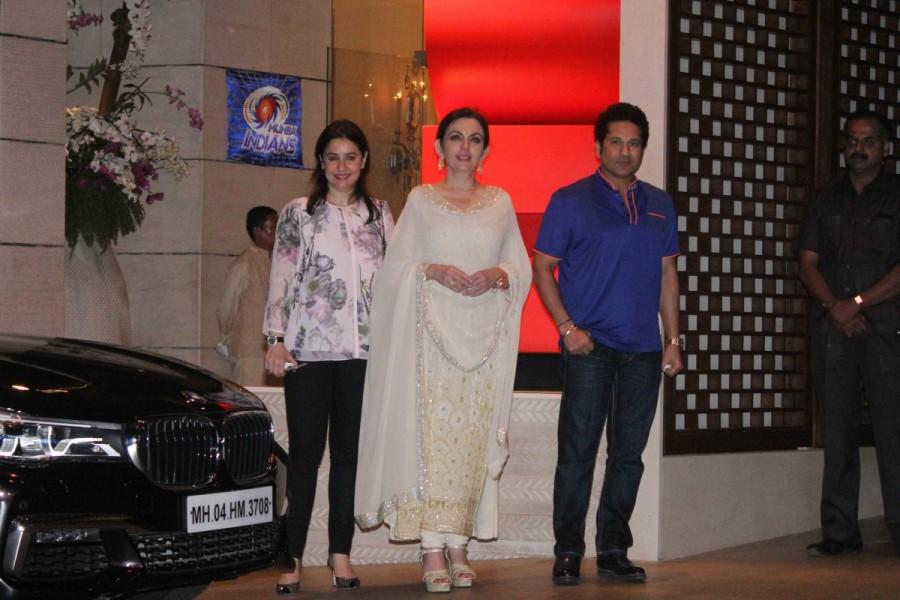 Nita Ambani owner of Mumbai Indians along with former Indian cricket player and Mumbai Indians icon player Sachin Tendulkar with his wife Anjali Tendulkar during the party organised to celebrates Mumbai Indians victory in the Indian Premier League (IPL) 2017 in Mumbai on May 22, 2017. Mumbai Indians won the IPL title against Rising Pune Supergiant. Nita Ambani,Amitabh Bachchan,Kiran More,Sachin Tendulkar,Anjali Tendulkar,Mukesh Ambani,Vidhu Vinod Chopra,Mumbai Indians' Trophy Celebrations,Mumbai Indians