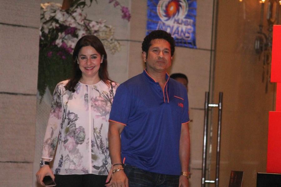 Former Indian cricket player and Mumbai Indians icon player Sachin Tendulkar with his wife Anjali Tendulkar during the party organised to celebrates Mumbai Indians victory in the Indian Premier League (IPL) 2017 in Mumbai on May 22, 2017. Nita Ambani,Amitabh Bachchan,Kiran More,Sachin Tendulkar,Anjali Tendulkar,Mukesh Ambani,Vidhu Vinod Chopra,Mumbai Indians' Trophy Celebrations,Mumbai Indians