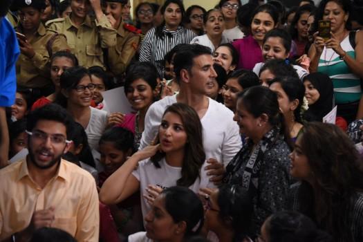 Bollywood actor Akshay Kumar and actress Parineeti Chopra spotted during the graduation day ceremony of Women self defense center, in Mumbai on May 20, 2017.