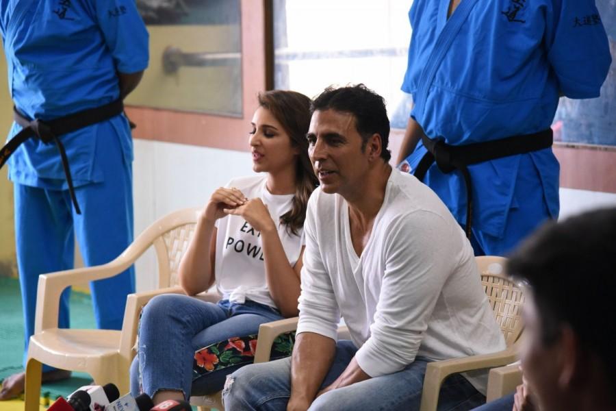 Bollywood actor Akshay Kumar and actress Parineeti Chopra spotted during the graduation day ceremony of Women self defense center, in Mumbai on May 20, 2017. Akshay Kumar and Parineeti Chopra,Akshay Kumar,Parineeti Chopra,Graduation ceremony of Women self defence,Women self defence,Akshay Kumar at Graduation ceremony of Women self defence,Parineeti Chopra at Graduation ceremony of Women self defence