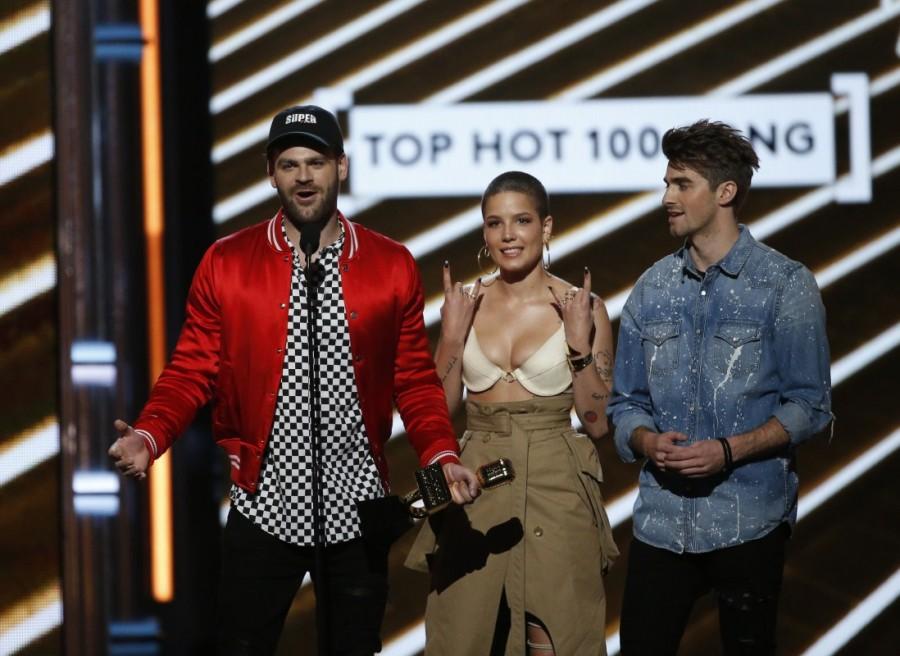 Musicians Alex Pall (L) of The Chainsmokers, Halsey (C), and Andrew Taggart of The Chainsmokers accept the award for Top Hot 100 Song "Closer." Billboard Music Awards,Billboard Music Awards 2017,Billboard Music Awards 10 Best Moments,Billboard Music Awards Best Moments,Billboard Music Awards pics,Billboard Music Awards images,Billboard Music Awards stills,Billboard Music Awards pictures,Billboar