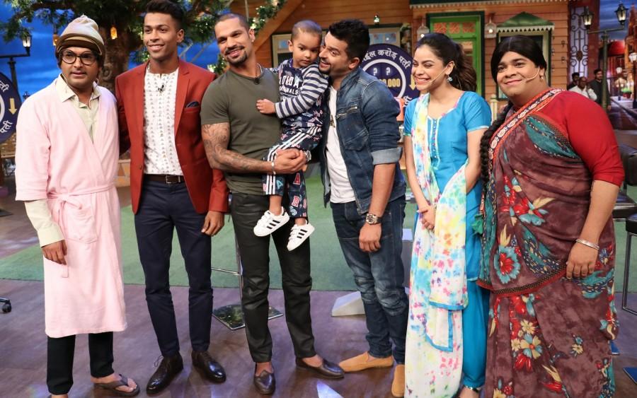 Team The Kapil Sharma Show with Suresh Raina, Shikhar Dhawan & Hardik Pandya on The Kapil Sharma Show. Suresh Raina,Shikhar Dhawan,Hardik Pandya,The Kapil Sharma Show