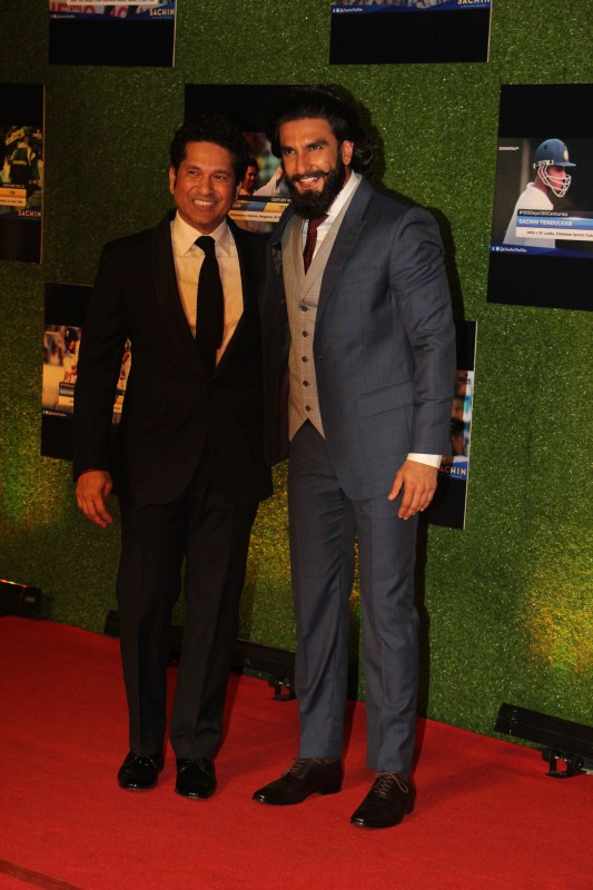 Former Indian cricket player Sachin Tendulka and Bollywood actor Ranveer Singh during the premiere of film Sachin: A Billion Dreams in Mumbai on May 24, 2017. Aamir Khan,Sharukh Khan,Ranveer Singh,Sachin: A Billion Dreams premiere show,Sachin: A Billion Dreams,Sachin: A Billion Dreams premiere show pics,Sachin: A Billion Dreams premiere show images,Sachin: A Billion Dreams premiere show stills,Sachin: A Billion