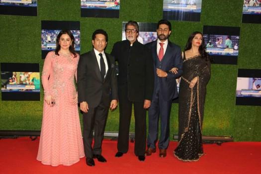 Former Indian cricket player Sachin Tendulkar with his wife Anjali Tendulkar, Bollywood actors Amitabh Bachchan, Abhishek and Aishwarya Rai Bachchan during the premiere of film Sachin: A Billion Dreams in Mumbai on May 24, 2017.
