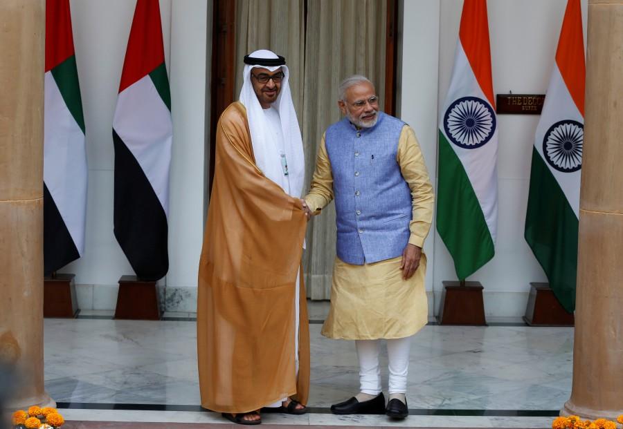 Sheikh Mohammed bin Zayed al-Nahyan, Crown Prince of Abu Dhabi and UAE's deputy commander-in-chief of the armed forces shakes hands with India's Prime Minister Narendra Modi (R) during a photo opportunity ahead of their meeting at Hyderabad House in New Delhi, India, January 25, 2017. Narendra Modi,PM Narendra Modi,Modi,PM Modi,3 yrs of Narendra Modi govt,Narendra Modi government turns 3,NaMo,NaMo 3 years