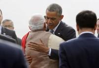 U.S. President Barack Obama hugs India's Prime Minister Narendra Modi as he arrives at Air Force Station Palam in New Delhi January 25, 2015.