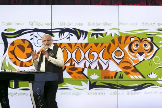 India's Prime Minister Narendra Modi speaks about India's digital initiatives at the Google campus in Mountain View, California September 27, 2015. The Indian premier continues his Silicon Valley tour on Sunday with visits to Facebook and Google Inc headquarters before an event at the San Jose Convention Center that 18,000 people are expected to attend.