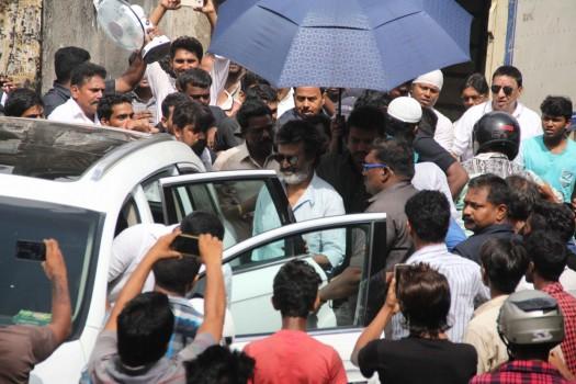 South Indian actor Rajnikanth spotted during the shoot of Tamil film Kaala Karikaalan in Mumbai on May 29, 2017.
