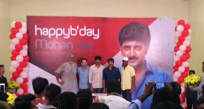South Indian director Jayam Mohanraja celebrates his birthday on Velaikkaran sets with actor Sivakarthikeyan in Chennai on May 31, 2017.