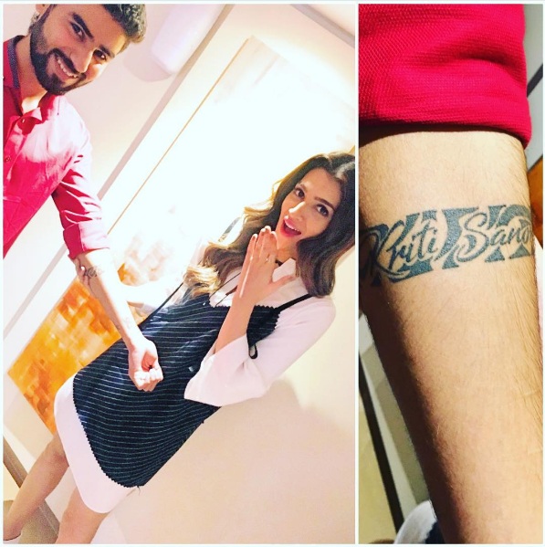 Kriti Sanon recently came across a fan who presented a very heartfelt gesture towards her. The fan who goes by the name 'Akshay Sobhwani' has got Kriti's name tattooed prominently on his forearm. When Kriti saw this heart touching gesture of her fan towards her, she got overwhelmed. Kriti even took to social media and posted an image of her and the fan on her Instagram page and wrote,"This is overwhelming beyond what words can explain!! Thank you @akky_sobhwani for making me feel so so special! I don't think i deserve it at all.. Its this kinda selfless love that makes me wanna work harder..." Kriti Sanon's fans have always expressed their love for her in some or the other form, be it cakes, paintings, sketches, or collages etc. Kriti Sanon,Kriti Sanon fan,Kriti Sanon tattooe,actor Kriti Sanon,Kriti Sanon pics,Kriti Sanon images,Kriti Sanon stills,Kriti Sanon pictures,Kriti Sanon photos