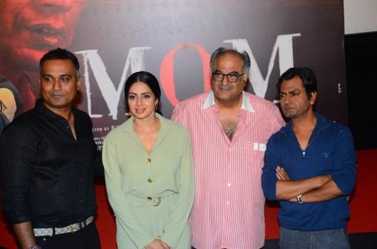 Bollywood filmmaker Boney Kapoor along with his wife and actor Sridevi and daughters Jhanvi and Khushi during the trailer launch of film Mom, in Mumbai on June 3, 2017.