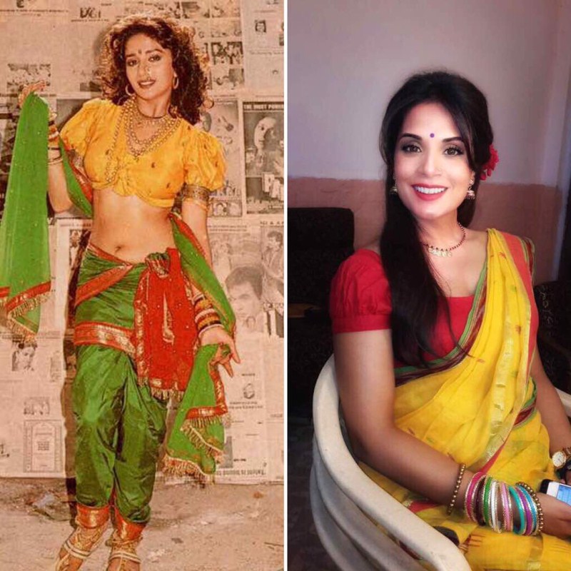One look at Richa's first look from her upcoming movie 3 Storeys gives us an instant resemblance of look with Madhuri Dixit. The look and attire in peculiar take us back to one of Madhuri's most popular song "Humko aaj kal hai Intezaar" from the movie Sailaab. Richa Chadha,Madhuri Dixit,Richa Chadha look like Madhuri Dixit,3 Storeys,Richa Chadha new look,Richa Chadha look