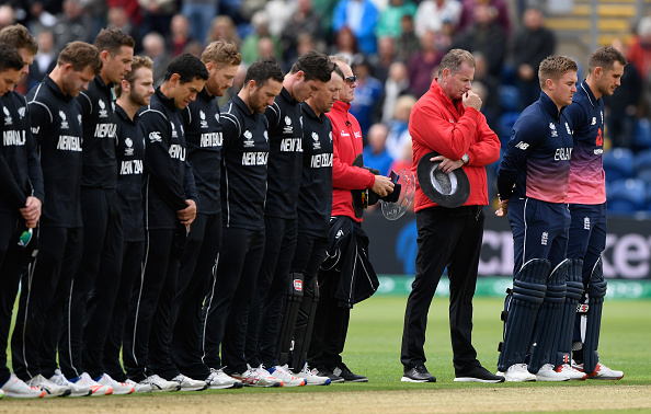 The players on both sides pay their respects at 11am with a minutes silence during the ICC Champions Trophy match between England and New Zealand at SWALEC Stadium on June 6, 2017 in Cardiff, Wales. London Bridge Terror Attack,London Bridge,victims of London Bridge terror attack,Minute's silence held for victims of London Bridge terror attack