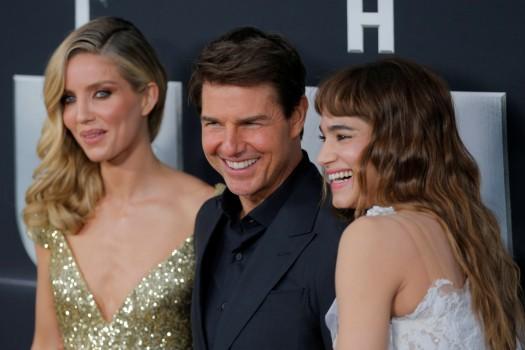 Actor Tom Cruise arrives with Annabelle Wallis (L) and Sofia Boutella for the premiere of the film 
