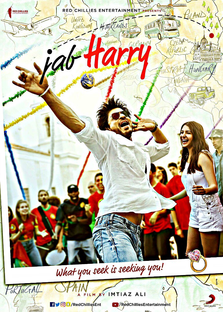 The romantic drama, widely shot in Prague, Amsterdam, Lisbon and Budapest, marks the third time that the two actors have been paired after "Rab Ne Bana Di Jodi" and "Jab Tak Hai Jaan". The first glimpses reflect a positive vibe with Shah Rukh and Anushka portrayed at their jovial best. Taking this positivity forward, Shah Rukh, who is also presenting the movie under his Red Chillies Entertainments banner, decided it would be best for the films to release a week apart, the sources close to the film told IANS. "Seeking your love," Imtiaz posted for fans on Facebook, alongside the film's first two looks which carry the tagline -- "What you seek is seeking you". Shah Rukh Khan,Anushka Sharma,Jab Harry Met Sejal first look poster,Jab Harry Met Sejal first look,Jab Harry Met Sejal,Jab Harry Met Sejal movie poster,SRK,Imtiaz Ali