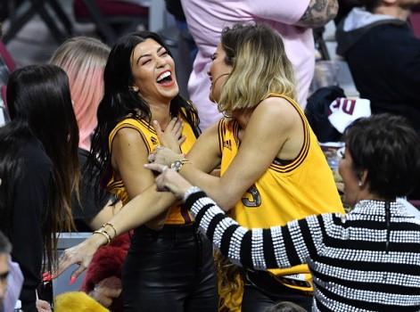 TV personalities Kourtney Kardashian, Khloe Kardashian and Kris Jenner react in Game 4 of the 2017 NBA Finals between the Golden State Warriors and the Cleveland Cavaliers at Quicken Loans Arena on June 9, 2017 in Cleveland, Ohio.