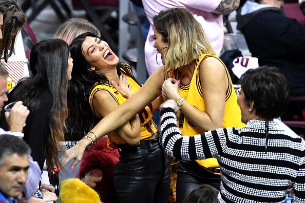 TV personalities Kourtney Kardashian, Kris Jenner and Khloe Kardashian react in Game 4 of the 2017 NBA Finals between the Golden State Warriors and the Cleveland Cavaliers at Quicken Loans Arena on June 9, 2017 in Cleveland, Ohio. Kourtney Khloe Kardashian,Khloe Kardashian,Kris Jenner,Tristan Thompson,NBA Final 2017,NBA Final