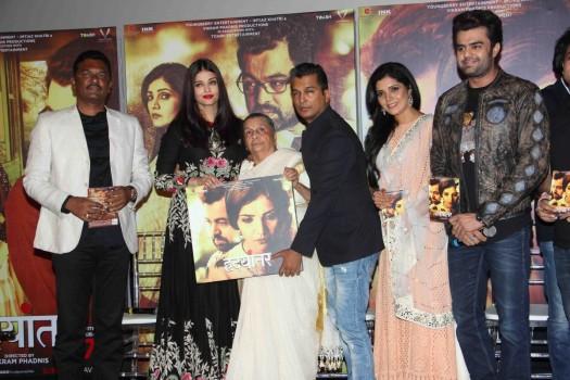 Fashion designer Vikram Phadnis, Bollywood actor Aishwarya Rai and Marathi film actor Mukta Barve during the music launch of marathi film Hrudayantar in Mumbai.