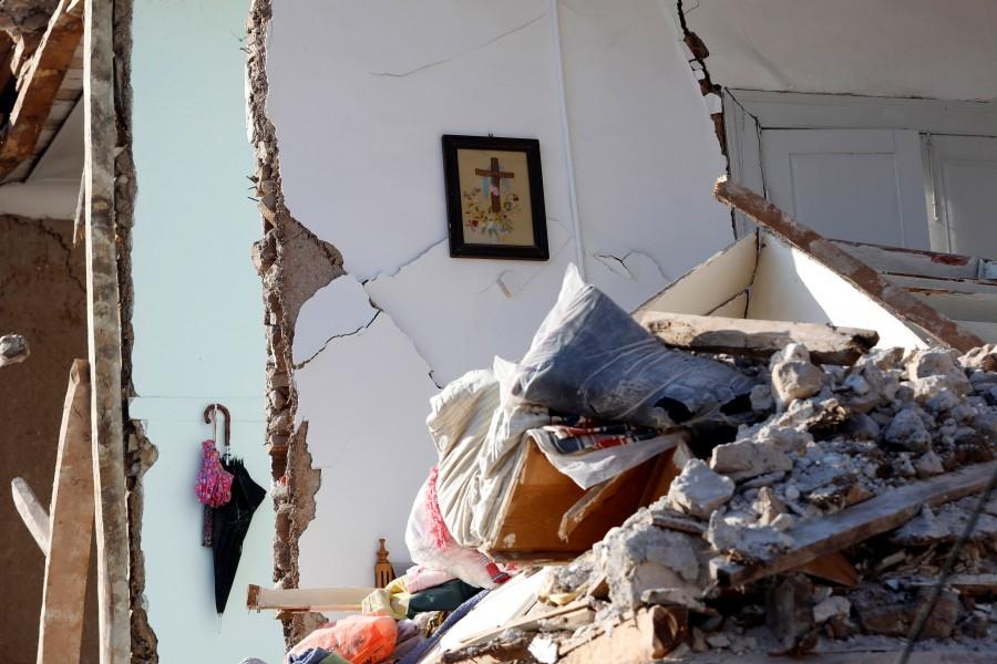 A damaged house is seen at the village of Vrissa on the Greek island of Lesbos, Greece, after a strong earthquake shook the eastern Aegean. Earthquake strikes Greek,Earthquake strikes Lesbos,Greek island,Greek island of Lesbos
