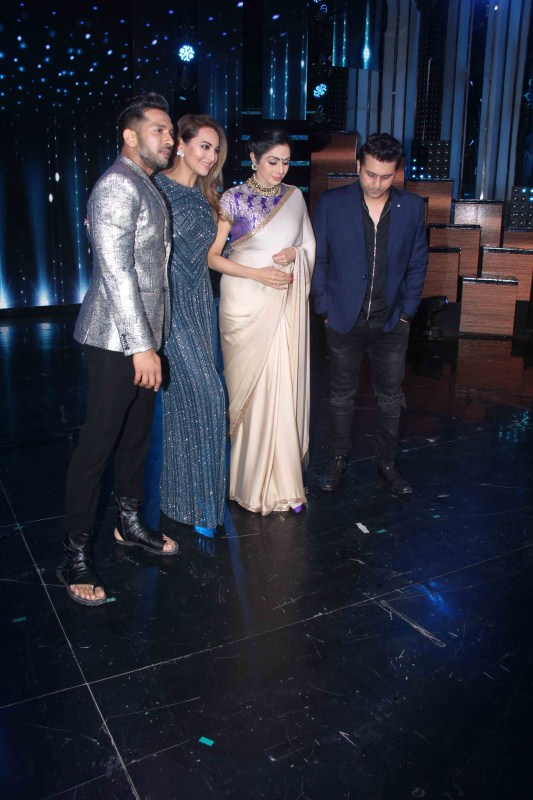 Bollywood actress Sonakshi Sinha, Sridevi, Bollywood choreographer Terence Lewis and filmmaker Mohit Suri on the sets of Nach Baliye Season 8, in Mumbai on June 13, 2017. Sridevi Kapoor and Sonakshi Sinha,Sridevi Kapoor,Sonakshi Sinha,Sridevi on the sets of Nach Baliye Season 8,Nach Baliye Season 8,Nach Baliye Season 8 on the sets