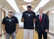 Former U.S. basketball star Dennis Rodman (C) arrives at Pyongyang's international airport, North Korea in this photo taken by Kyodo on June on June 13, 2017.