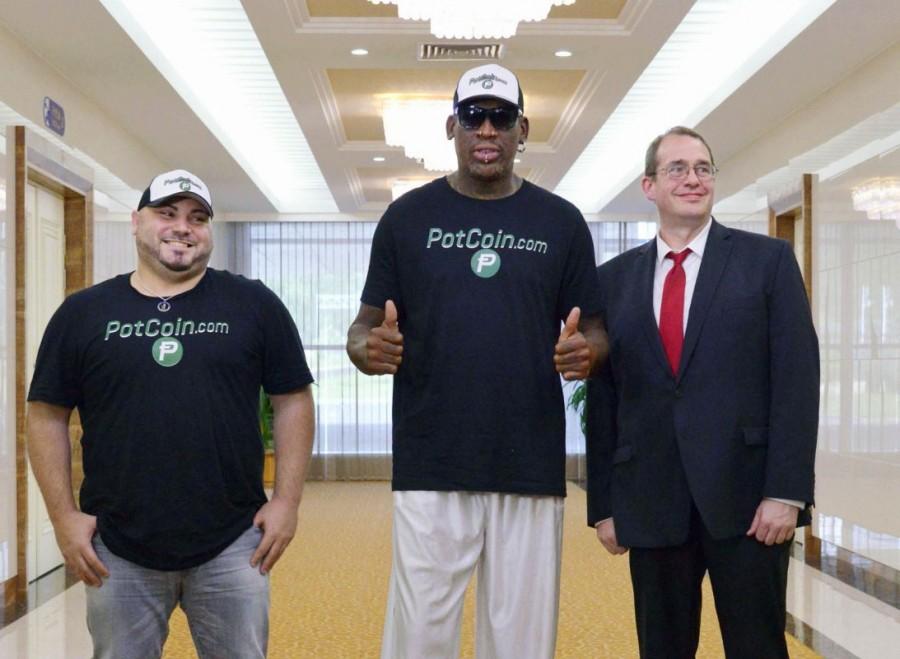 Former U.S. basketball star Dennis Rodman (C) arrives at Pyongyang's international airport, North Korea in this photo taken by Kyodo on June on June 13, 2017. Dennis Rodman,Dennis Rodman returns to North Korea,Dennis Rodman returns,Former NBA star Dennis Rodman,NBA star Dennis Rodman,Kim Jong Un