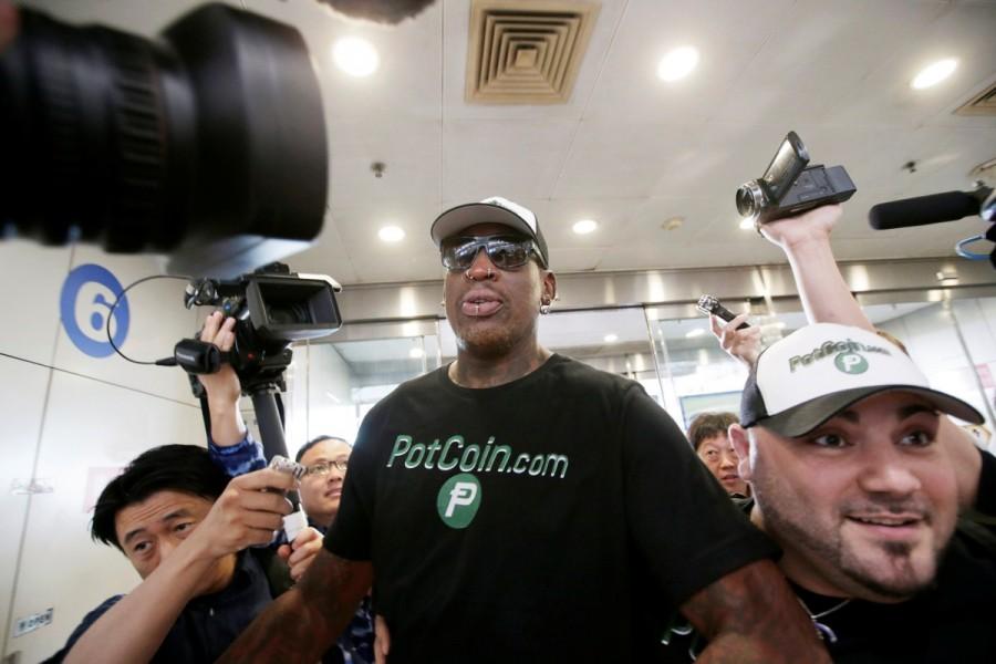Former NBA basketball player Dennis Rodman speaks to the media as he leaves for North Korea's Pyongyang, at Beijing Capital International Airport, China, June 13, 2017. Dennis Rodman,Dennis Rodman returns to North Korea,Dennis Rodman returns,Former NBA star Dennis Rodman,NBA star Dennis Rodman,Kim Jong Un