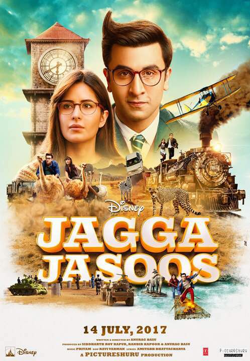 The poster is a compilation of graphic representation of the journey of Jagga Jasoos as he embarks on journey to find his missing father. Jagga's poster effectively showcases instances once were Jagga and Shruti are see on top of an airplane another over a wooden raft, another featuring the duo running over a train, one in a safari setup with Ranbir and Katrina aka Jagga and Shruti sitting over an ostrich while another gives a glimpse of a joyride with the duo sitting inside a car. Jagga Jasoos' poster effectively encompasses the ups and downs and many adventurous moments that Jagga and Shruti indulge in. The poster also prominently features the characters of Jagga and Shruti against the backdrop of a clock tower which further adds and edge the story of Jagga Jasoos. Katrina also took to social media talking about the Journey saying, A hair-raising thrilling tale of adventure ... #JaggaJasoos". Ranbir Kapoor and Katrina Kaif,Ranbir Kapoor,Katrina Kaif,Jagga Jasoos,Jagga Jasoos poster,Jagga Jasoos movie poster,Jagga and Shruti