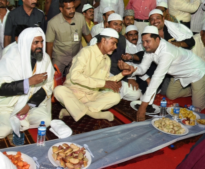 Andhra Chief Minister N. Chandrababu Naidu during an Iftaar party in Vijayawada on June 20, 2017. CM Chandrababu Naidu,Chandrababu Naidu,Iftar party,MLA Zaleel Khan Iftar party,Chandrababu Naidu during an Iftaar party,Chandrababu Naidu at Iftaar party