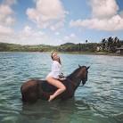 Swimsuit-clad Little Mix's Perrie Edwards rides a horse in the ocean.