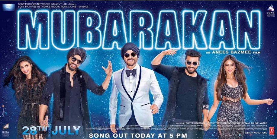 The makers of Mubarakan have unveiled yet another glittery poster of the film. The poster features all the lead actors in a peppy avatar gearing up for a party. Arjun Kapoor who will be playing a dual role as Karan Singh and Charan Singh also shared a teaser of the upcoming title track. The song's teaser gives a glimpse of a complete party number coming ahead Mubarakan style. Anil Kapoor,Arjun Kapoor,Mubarakan first look poster,Mubarakan first look,Mubarakan poster,Mubarakan,Bollywood movie Mubarakan,Mubarakan movie pics,Mubarakan movie images,Mubarakan movie stills,Mubarakan movie pictures,Mubarakan movie photos