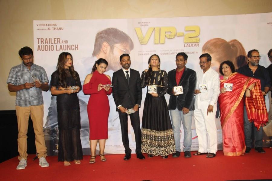 South Indian actors P Samuthirakani, Amala Paul, Bollywood actors Kajol, Dhanush, filmmaker Soundarya Rajinikanth, South Indian music composer Sean Roldan, South Indian filmmaker S Thanu, Latha Rajinikanth, Bollywood filmmaker R Balki during the trailer launch of film VIP 2 Lalkar, in Mumbai on June 25, 2017. Dhanush,Kajol,Amala Paul,Taapsee Pannu,Soundarya Rajinikanth,VIP 2 trailer,VIP 2 trailer launch,VIP 2 trailer launch pics,VIP 2 trailer launch images,VIP 2 trailer launch stills,VIP 2 trailer launch pictures,VIP 2 trailer launch photos,VIP 2