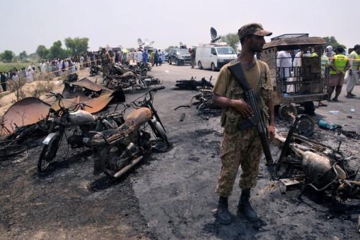 The speeding tanker carrying 25,000 litres of petrol was on its way from Karachi to Lahore on Sunday when it overturned on a highway near Bahawalpur city as the driver lost control when a tyre punctured, reports The News International.