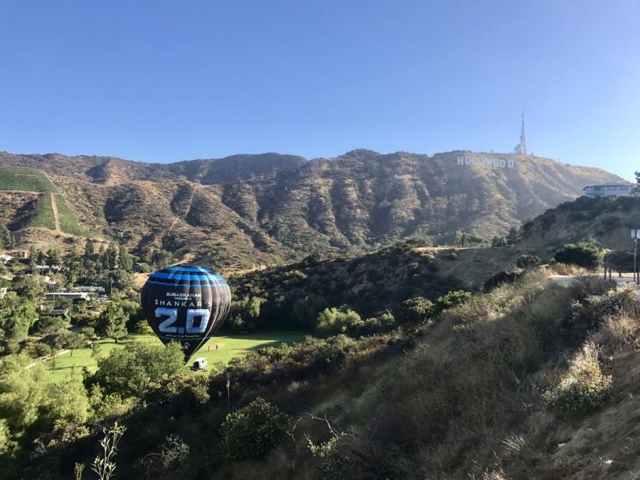 Rajinikanths 2.0: 100-foot-tall hot air balloon flies over Hollywood signage. Rajinikanth,Akshay Kumar,2.0 promotions,2.0 movie promotions,2.0 in Los Angeles