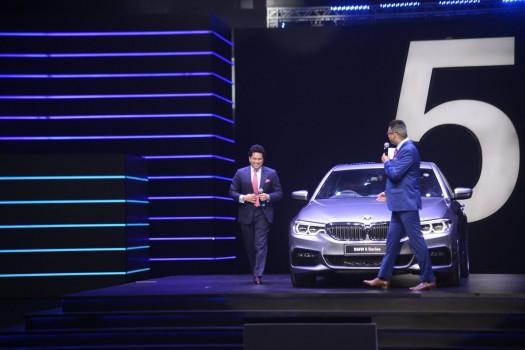 Former Indian cricket player Sachin Tendulkar unveils the all-new BMW 5 Series in Mumbai, India on July 29, 2017.
