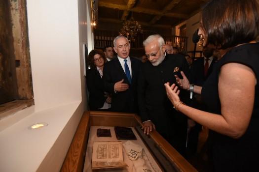 Prime Minister Narendra Modi, accompanied by Israeli Premier Benjamin Netanyahu, visited the Israel Museum here on Wednesday for an exhibition of Indian Jewish heritage. The two leaders visited three main exhibits, according to information provided by the Indian External Affairs Ministry. The first stop was at the gallery displaying the religious and secular culture of the Jewish community in Kochi in Kerala, where one of the exhibits was a bridal dress which was later inserted in a Torah ark curtain used on Yom Kippur.
