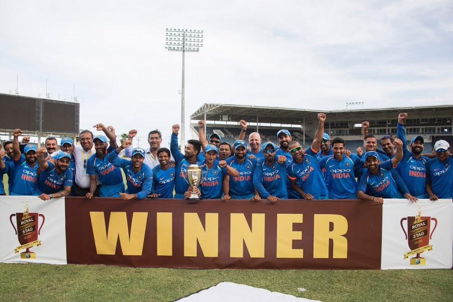 Riding on skipper Virat Kohli's unbeaten century, India defeated West Indies by eight wickets in the fifth and final One-Day International (ODI) at the Sabina Park Stadium here. Kohli (111 not out) and middle-order batsman Dinesh Karthik (50 not out) helped India on Thursday to outplay the hosts and clinched the five match ODI series 3-1. Chasing 206, India started on a poor note as opener Shikhar Dhawan (4) was sent back to the pavilion in the first over by pacer Alzarri Joseph. Incoming batsman Kohli and opener Ajinkya Rahane (39) then added 79 runs for the second wicket to stabilise the Indian innings. But, just when things seemed to be in control, Rahane was adjudged leg before wicket off Devendra Bishoo in the 19th over. Virat Kohli,skipper Virat Kohli,India vs West Indies,India vs West Indies 2017,India vs West Indies cricket,India vs West Indies 5th ODI,India vs West Indies 5th ODI match