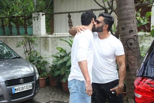 Suniel Shetty with son Ahan was spotted at Sajid Nadiadwala's residence.