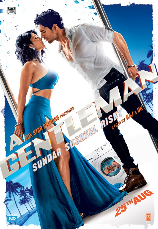 The new poster of 'A Gentleman - Sundar, Susheel, Risky' is out and it highlights the electrifying chemistry between its lead actors Sidharth Malhotra and Jacqueline Fernandez. Both Jacqueline and Sidharth are seen leaning towards each other trying to have a kiss in the new poster. The couple seems unfazed by to the distressing situations around them. Be it in the earlier poster where the duo were seen lip locking inside a car that was turning upside down, or the latest poster where a man seems to be stuck in a moving washing machine. Sidharth looks indeed the risky gentleman in the poster while Jacqueline is looking gorgeous in her blue sexy outfit. Sidharth and Jacqueline share a sizzling chemistry in the film, and the trailer of the film which has been out recently is a proof to it and is surely going to leave an impact on its viewers. A Gentleman - Sundar,Susheel,Risky,A Gentleman - Sundar,Susheel,Risky poster,Sidharth Malhotra and Jacqueline Fernandez,Sidharth Malhotra,Jacqueline Fernandez