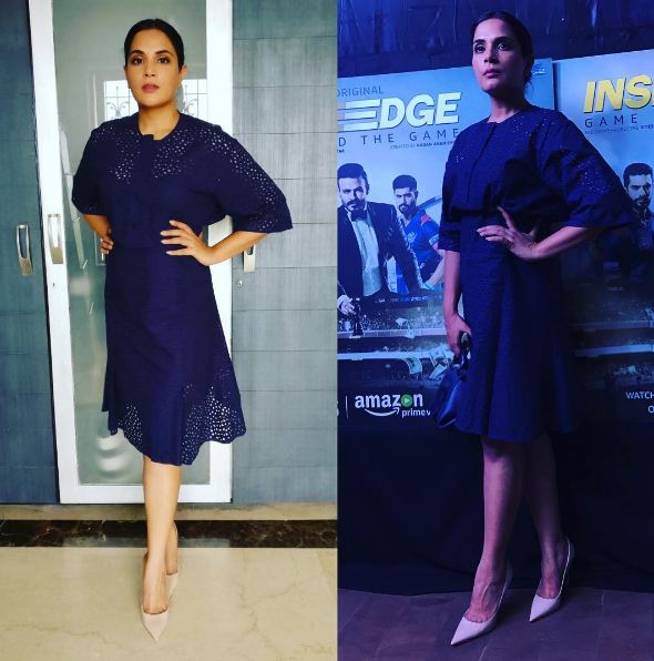 Dress by Salvatore Ferragamo, Shoes and Accessories by Dior, Styled by Nikhil Mansata and HMU by Harry Rajput. Richa Chada,actress Richa Chada,Inside Edge promotions,Richa Chada dress,Richa Chada fashion