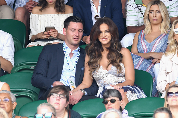John Noble and Vicky Pattison attend day six of the Wimbledon Tennis Championships at the All England Lawn Tennis and Croquet Club on July 8, 2017 in London, United Kingdom. Vicky Pattison smooches beau John Noble,Vicky Pattison kisses beau John Noble,Vicky Pattison kisses John Noble,Vicky Pattison and John Noble,Vicky Pattison,John Noble
