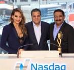Actress Sonakshi Sinha, Raj Nayak and Sabbas Joseph at The Nasdaq Stock Exchange Bell.