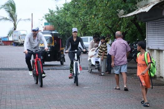 Bollywood actress Rhea Chakraborty riding a cycle in Bandra.
