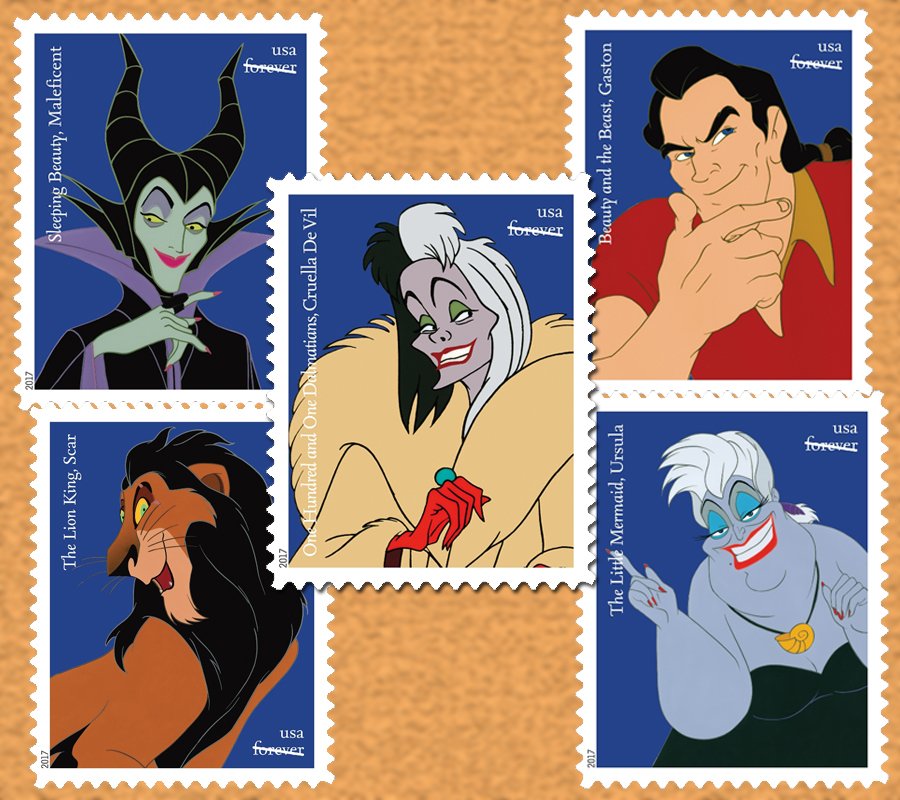 Walt Disney Animation Studios' Ink & Paint Department in Burbank, Los Angeles, helped create the company's iconic animated films since 1932. In 2012, Disney joined with the US Postal Service and released stamps featuring characters from "Finding Nemo", "Toy Story" and "Monsters, Inc". Disney Villains,Disney Villains stamp,Disney Villains Us stamp,US postage stamps