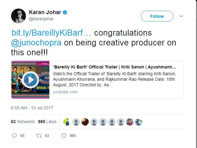Karan Johar says,"http://bit.ly/BareillyKiBarfiTrailer … congratulations @junochopra on being creative producer on this one!!!" Bareilly Ki Barfi,Juno Chopra,Producer Juno Chopra,Varun Dhawan,Sonakshi Sinha,Sidharth Malhotra,Karan Johar