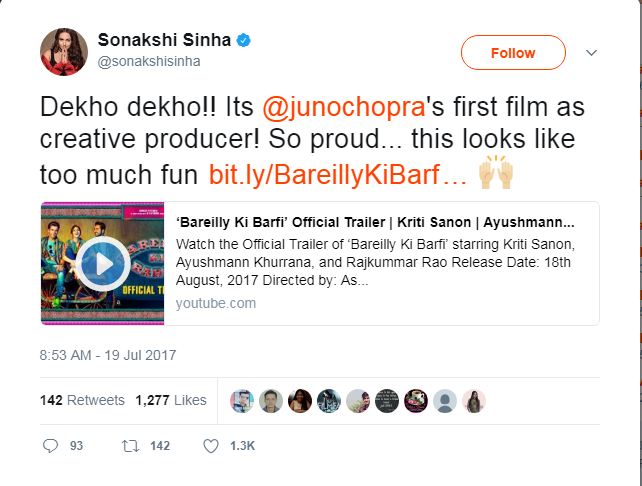 Sonakshi Sinha shared her response after watching the trailer,"Dekho dekho!! Its @junochopra's first film as creative producer! So proud... this looks like too much fun http://bit.ly/BareillyKiBarfiTrailer …" Bareilly Ki Barfi,Juno Chopra,Producer Juno Chopra,Varun Dhawan,Sonakshi Sinha,Sidharth Malhotra,Karan Johar