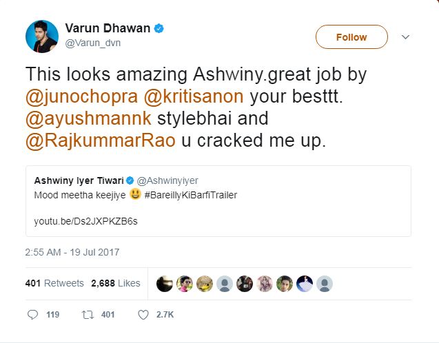 Varun Dhawan shared,"This looks amazing Ashwiny.great job by @junochopra @kritisanon your besttt. @ayushmannk stylebhai and @RajkummarRao u cracked me up" Bareilly Ki Barfi,Juno Chopra,Producer Juno Chopra,Varun Dhawan,Sonakshi Sinha,Sidharth Malhotra,Karan Johar